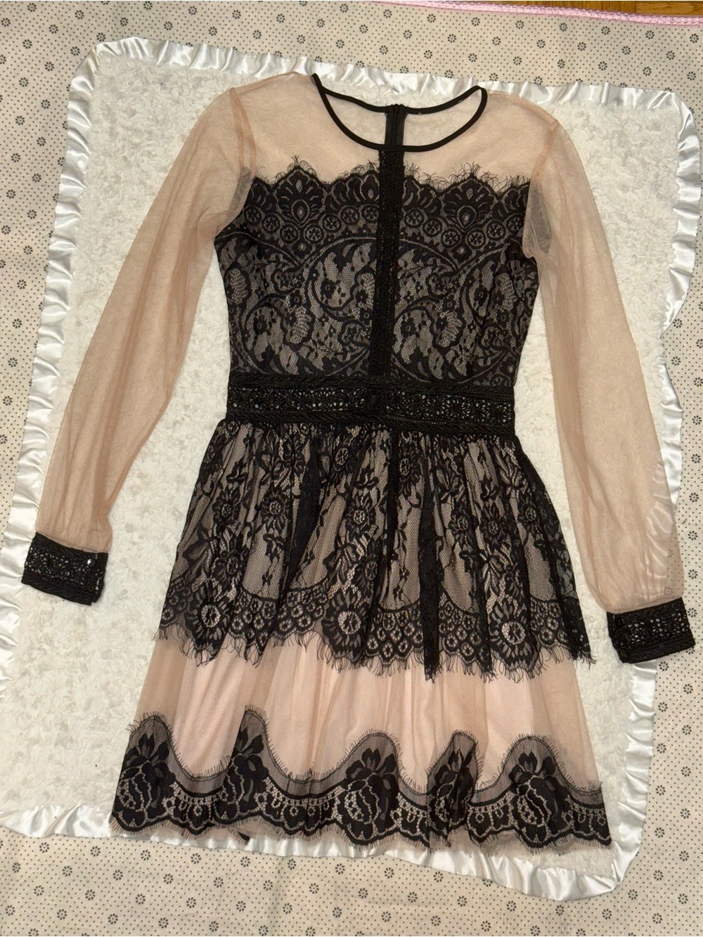 Black & Nude Eyelash Lace Sheer Sleeve Cocktail Dress | Worn Once